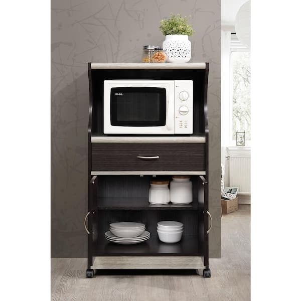 Espresso Brown Microwave Cart with Grey Accents and Curved Sides