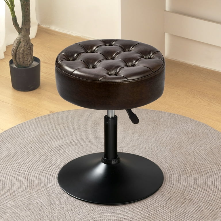 Espresso Brown Vanity Stool Button Tufting Matte Black Base Hydraulic
