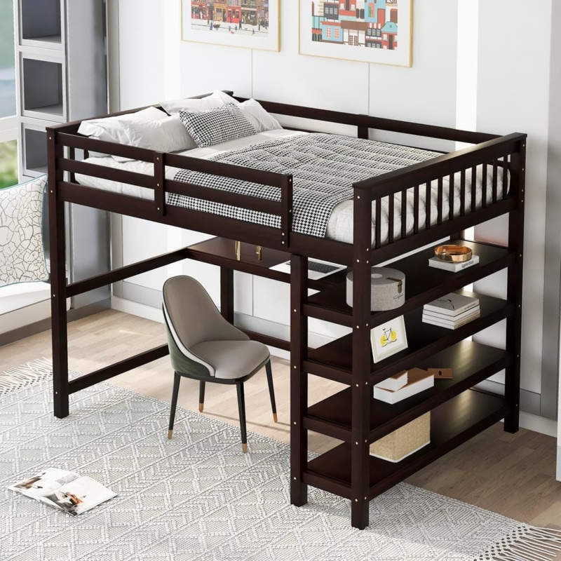 Espresso Full Size Loft Bed with Integrated Desk and Four Tier Shelves