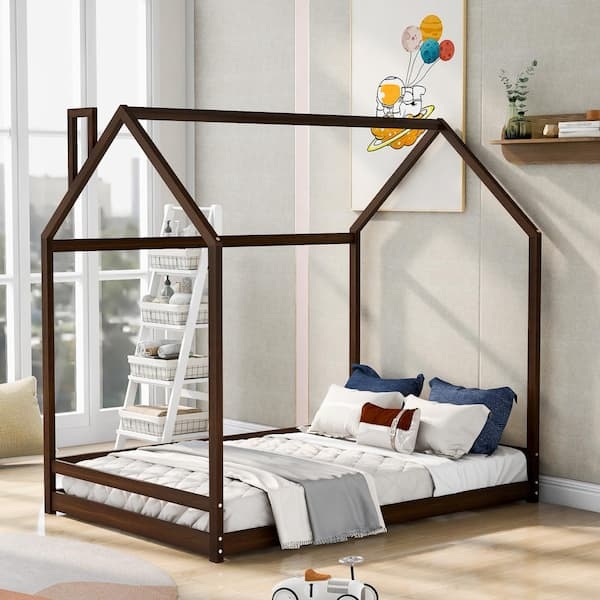 Espresso House Bed Frame with Chimney Accent, Floor Platform