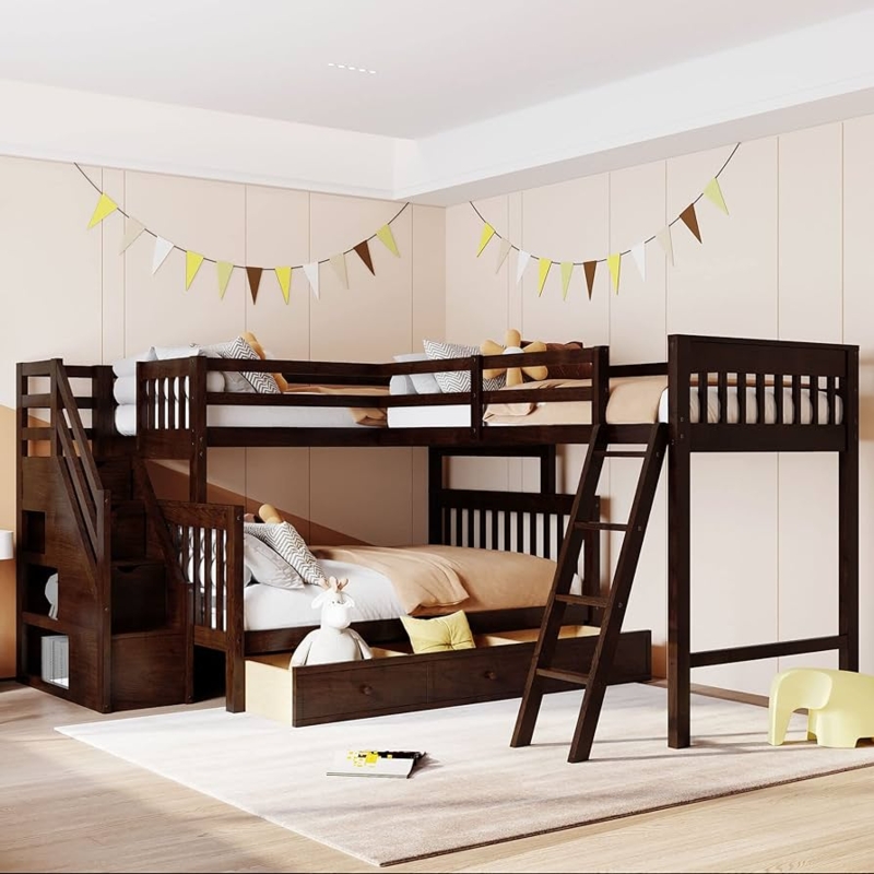 Espresso L-Shaped Bunk Bed with Built-In Staircase Storage