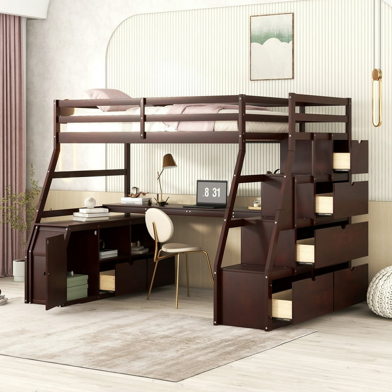 Espresso Loft Bed with Built-in Desk and Staircase
