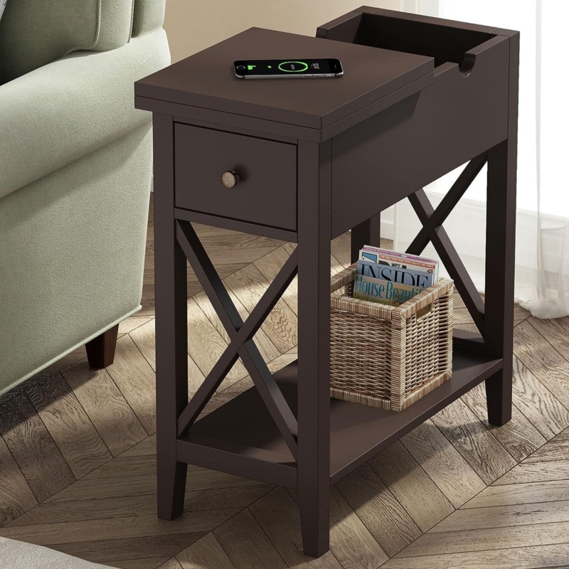 Espresso Side Table with Flip Top Storage and X Brace Sides