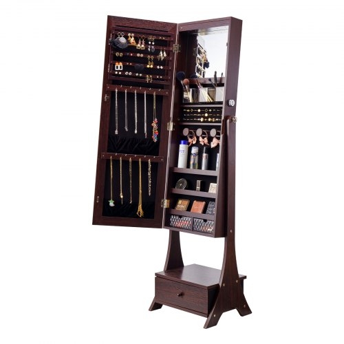 Espresso Standing Jewelry Armoire with Makeup Brush Holders