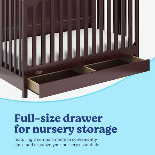 Espresso Wood Crib featuring Two-Compartment Underbed Storage Drawer