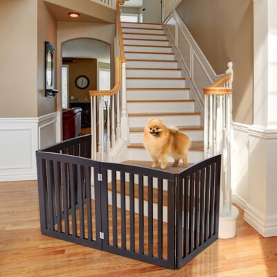 Espresso Wood Freestanding Pet Gate 4 Panel Foldable Barrier (68/75)