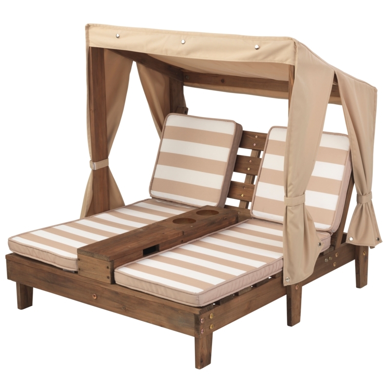Espresso Wood Patio Furniture Double Chaise Oatmeal Stripe Canopy