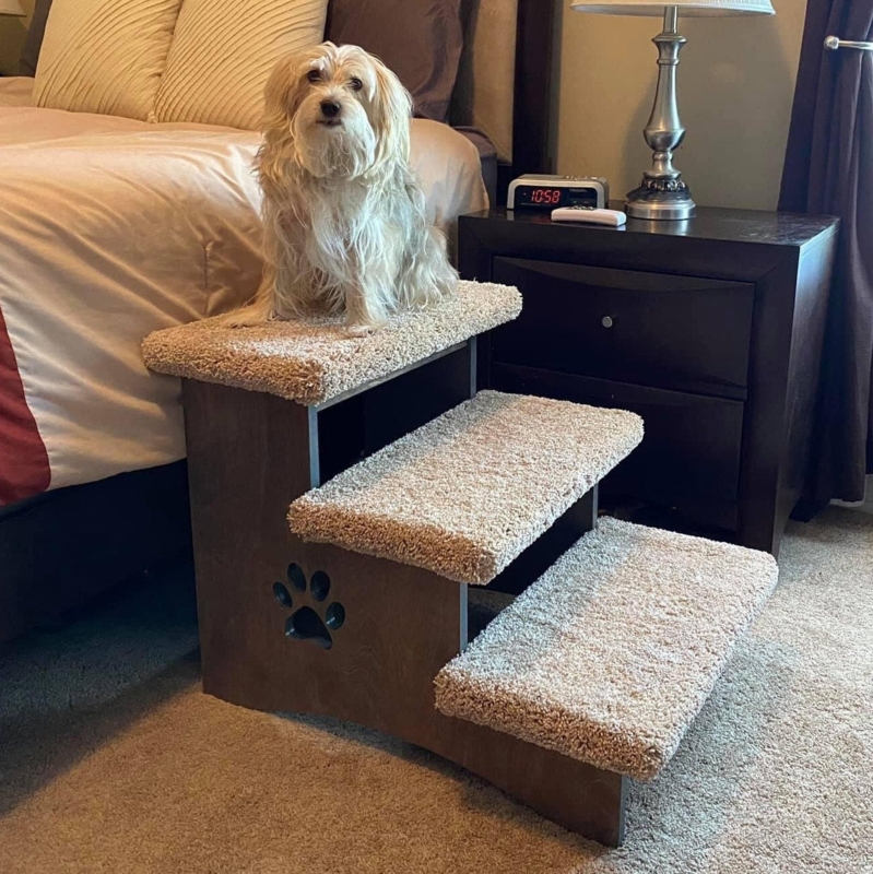 Espresso Wood Pet Steps Carpeted Treads Paw Print Cutout Three-Step