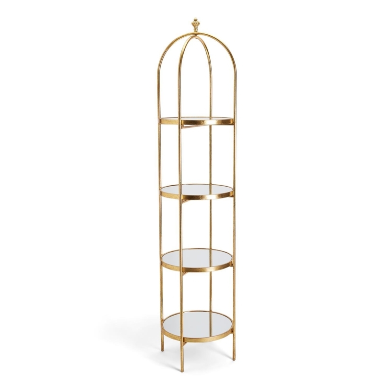 Etagere: Antique Gold Birdcage Top Circular Frame Mirrored Glass Shelves
