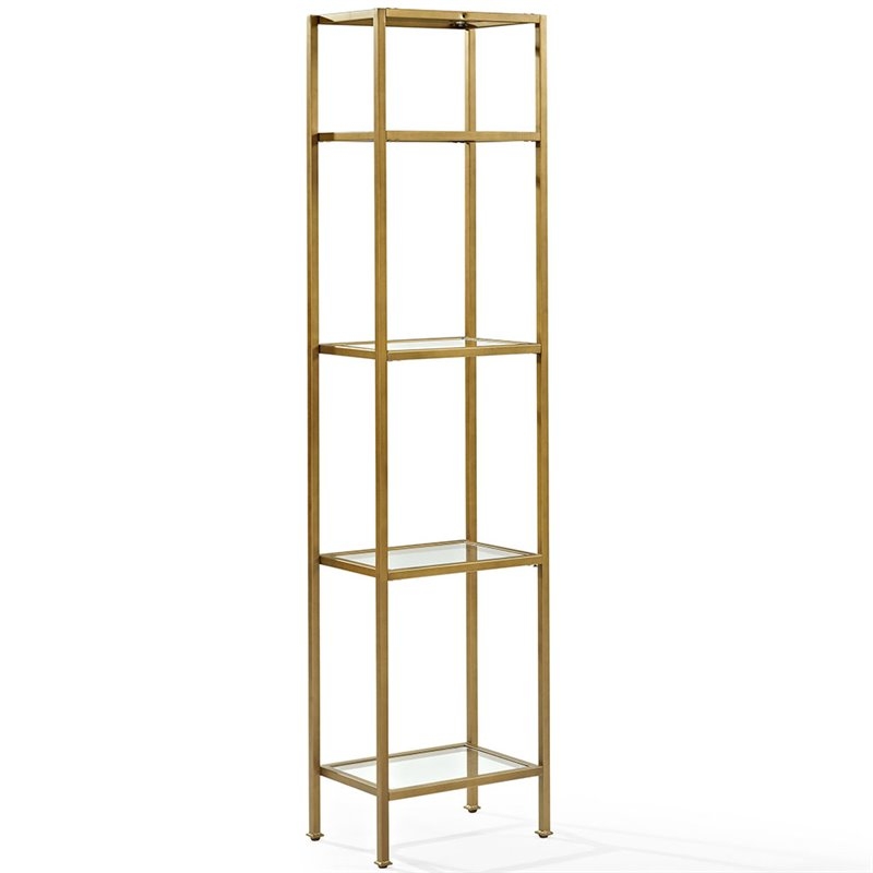 Etagere: Antique Gold Narrow Profile Slim Frame Glass Shelf Bookcase