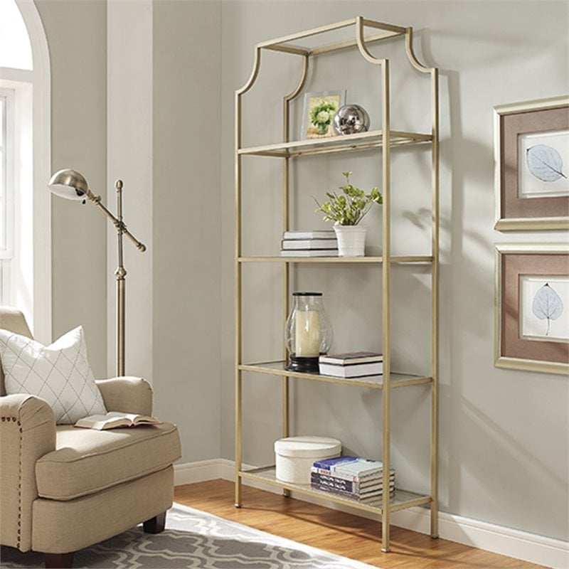 Etagere Bookcase: Antique Gold Arched Top Glam Living Room Shelving