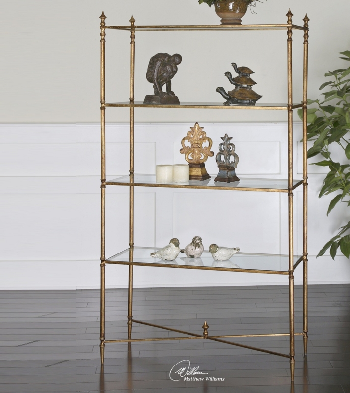 Etagere Bookcase: Gold Leaf Finish Decorative Finials X-Stretcher Base