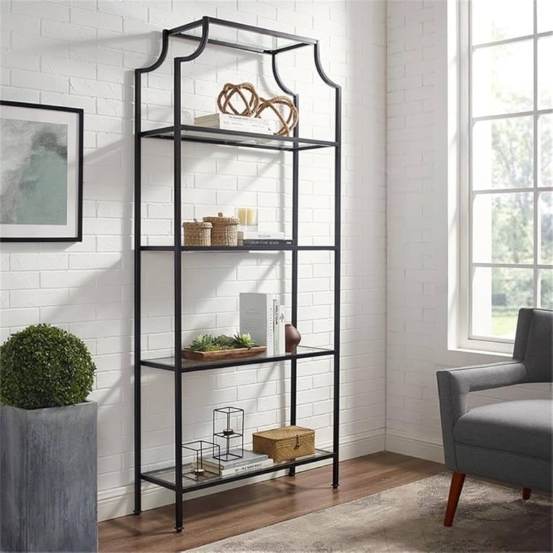 Etagere Bookcase: Matte Black Metal Arched Top Transitional Display Shelf