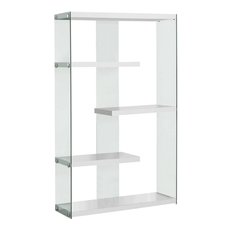 Etagere Bookshelf: Glossy White Finish Glass Side Panels Staggered Design