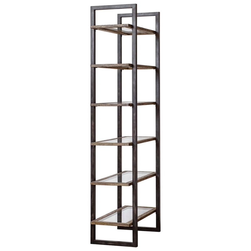Etagere: Distressed Dark Bronze Offset Frames Industrial Glass Shelving
