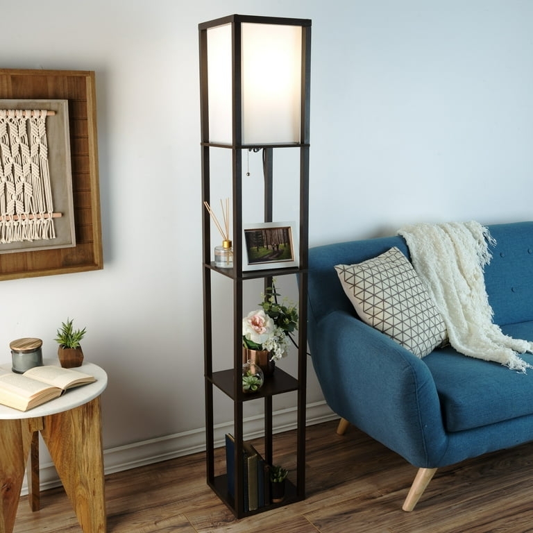 Etagere Floor Lamp: Square Column Design, Three Storage Shelves, Espresso