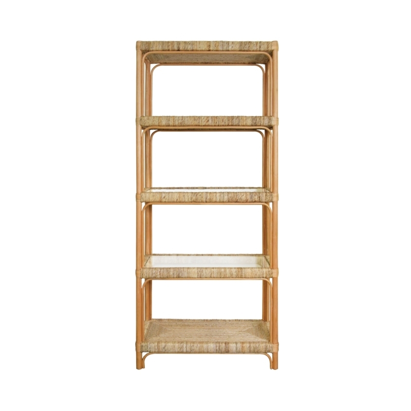 Etagere: Honey Blonde Rattan Frame Seagrass Wrapped Glass Shelves Coastal