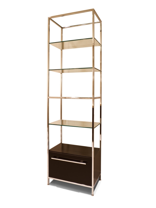 Etagere: Polished Champagne Gold Frame Dark Brown Drawer Base Storage Unit