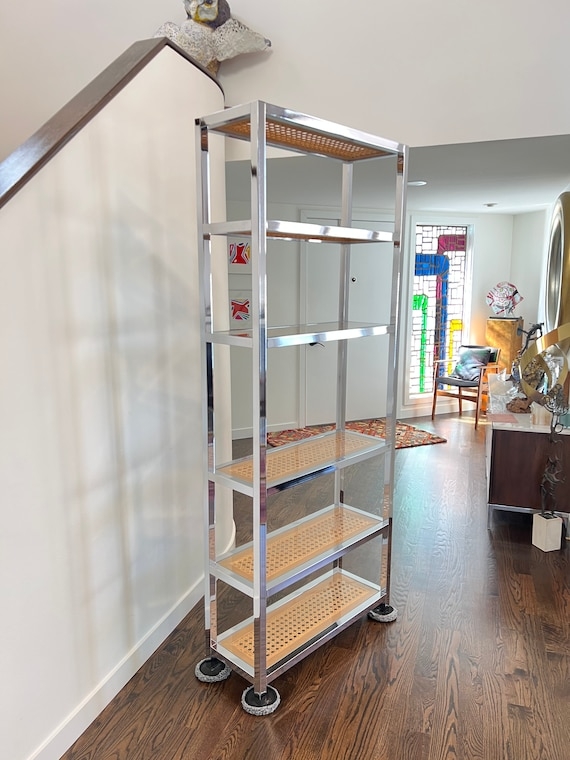 Etagere: Polished Chrome and Woven Cane Mid-Century Modern Shelving