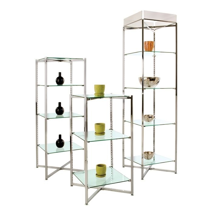 Etagere Shelving: Polished Chrome Staggered Heights Folding Glass Towers
