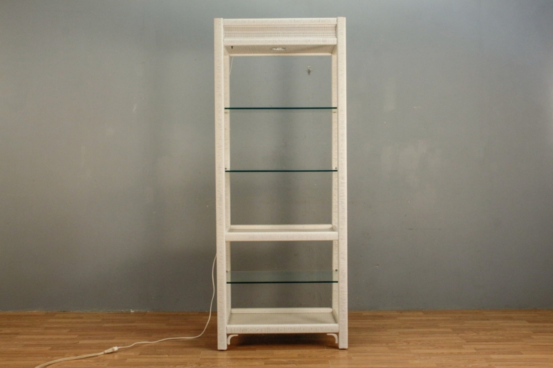 Etagere: Whitewashed Wicker Rattan Frame Illuminated Top Coastal Display