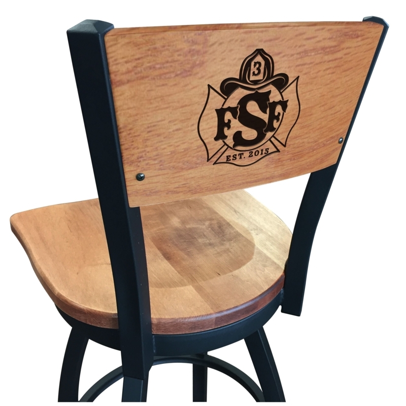 Etched Wood Barstool, Custom Logo, Swivel Base, Matte Black Frame