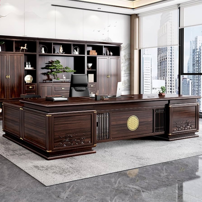 Executive Desk Dark Walnut Polished Relief Carvings Modern Oriental
