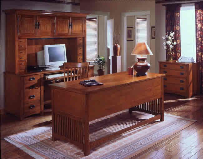 Executive Desk Featuring Overhead Hutch Storage and Slatted Panels