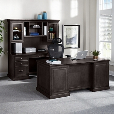 Executive Desk Set Charcoal Matte Glass Front Cabinets Credenza
