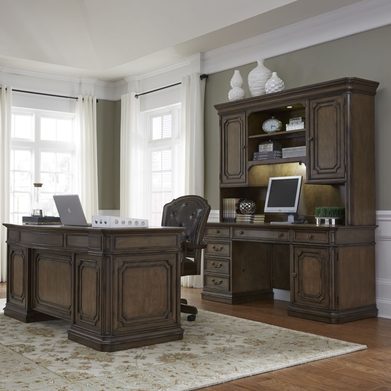 Executive Desk Set Dark Brown Antique Satin Tufted Back Chair