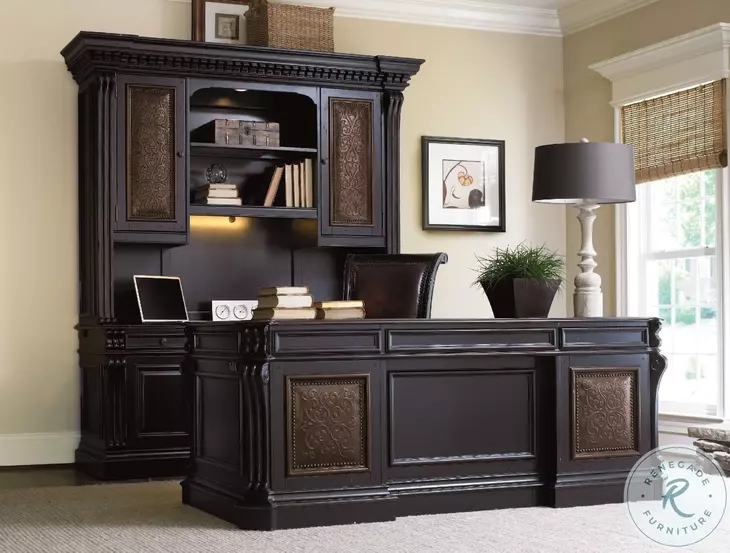 Executive Desk Set Distressed Black Embossed Bronze Panels Traditional
