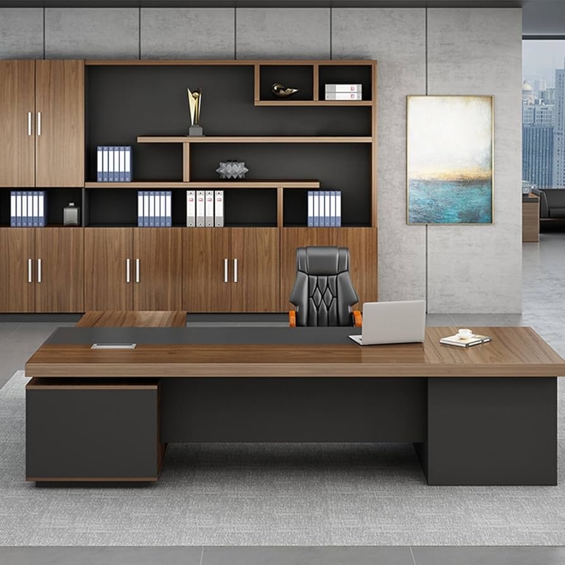 Executive Desk Set Walnut Matte Charcoal L-Shaped Floating Shelves