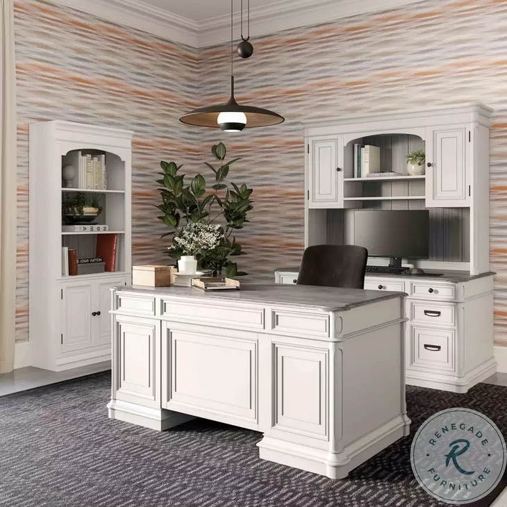 Executive Office Set Antique White Matte Stone Like Tops Hutch