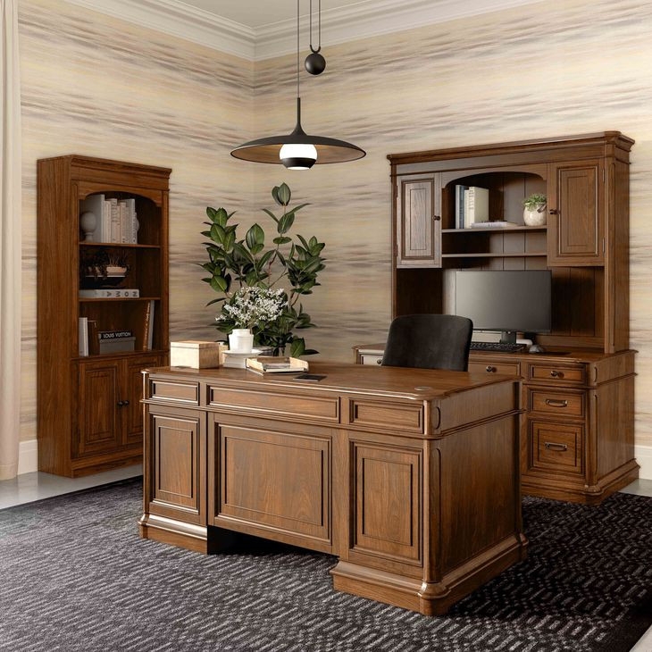 Executive Office Set Cherry Brown Inset Panels Arched Bookcase
