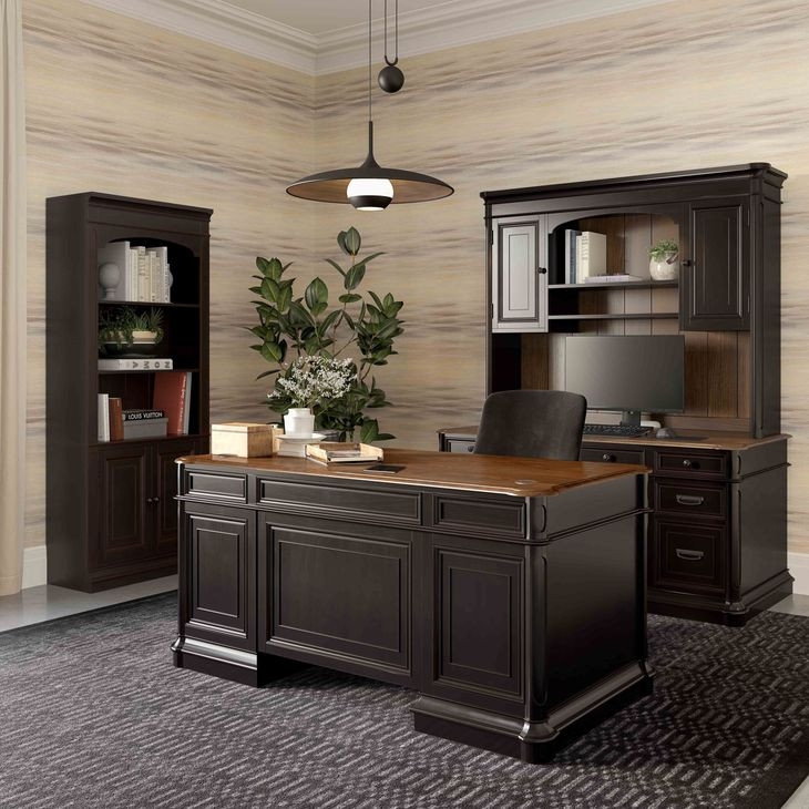 Executive Office Set Matte Black Warm Oak Two Tone Finish Traditional