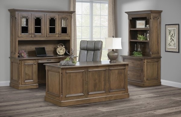 Executive Office Set Walnut Brown Recessed Paneling Desktop Hutch