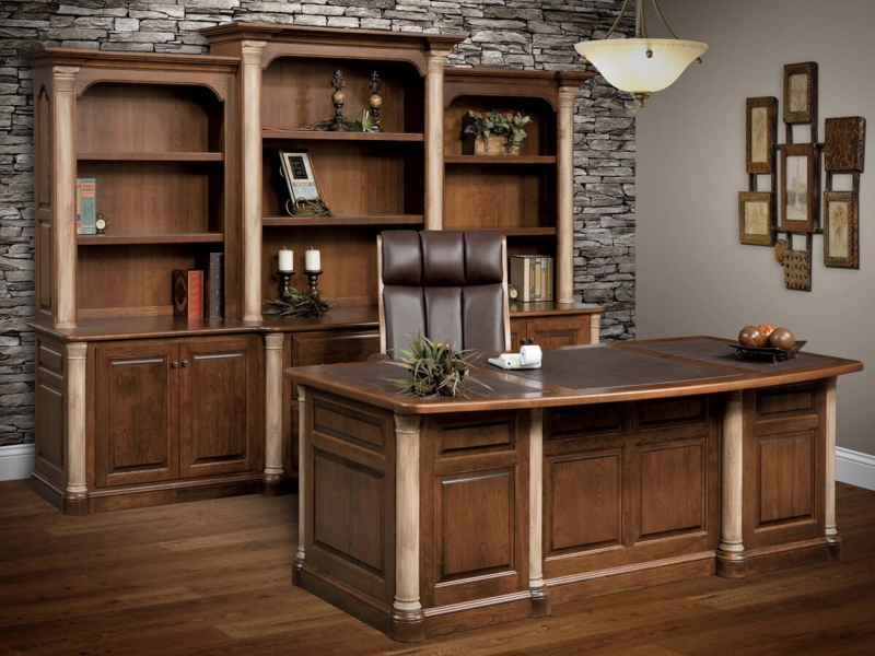 Executive Office Set Walnut Two-Tone Pilaster Columns Arched Hutch