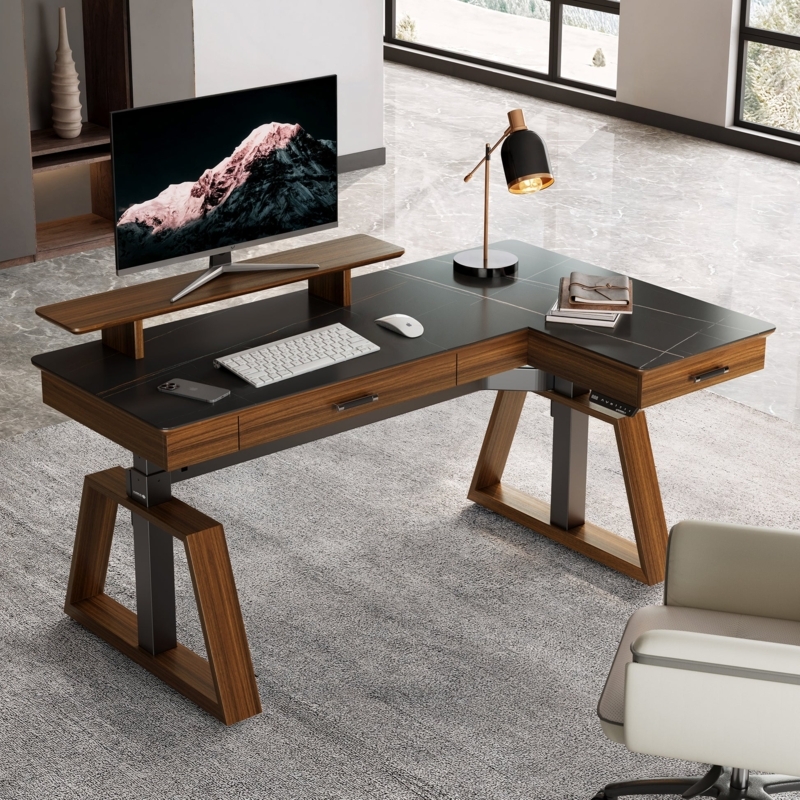Executive Standing Desk with Slate Look Top and Trapezoid Wood Base