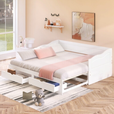 Extendable Daybed Frame with Trundle, Cut-Out Handles & Scandi Style