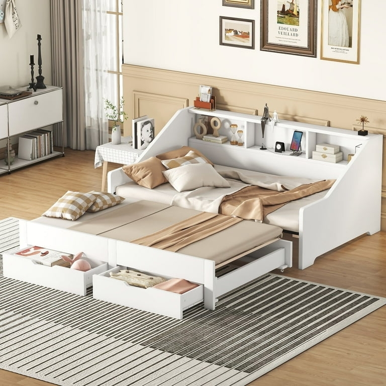 Extendable Daybed with Bookcase Headboard and Charging Station
