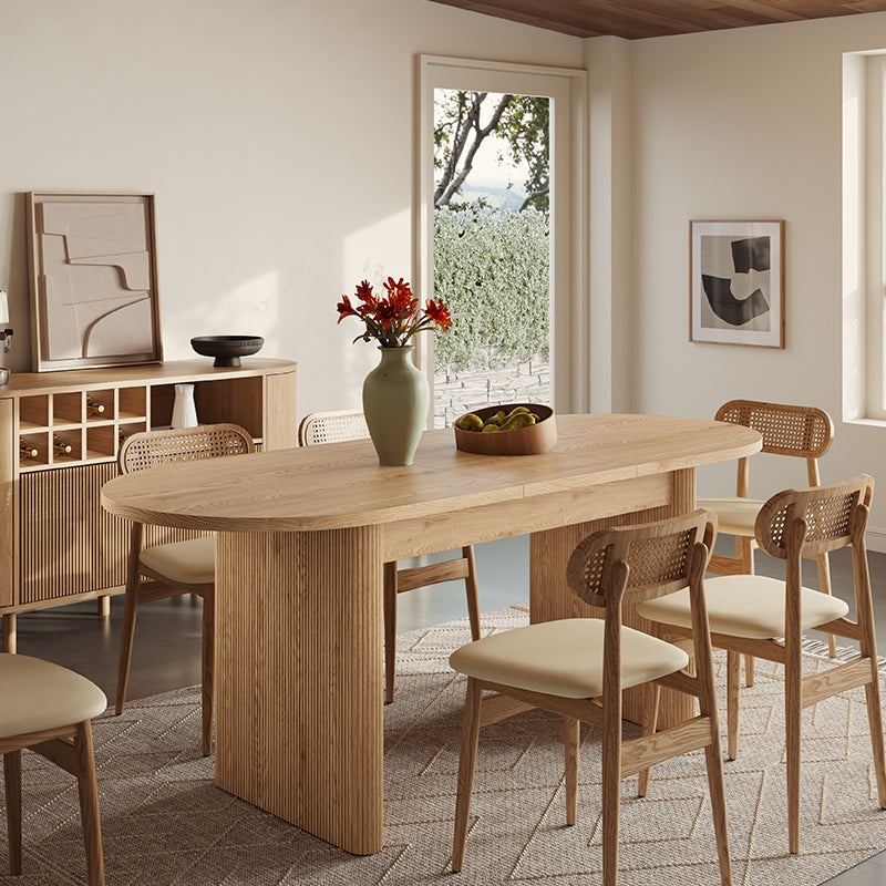 Extendable Oval Dining Table in Natural Oak with Fluted Pedestal Base