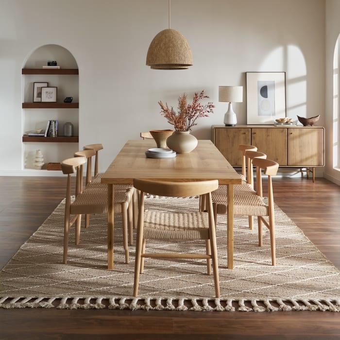 Extendable Wood Dining Table Set with Woven Cord Seating in Light Oak