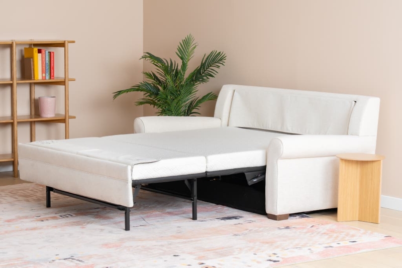 Extended Sleeper Sofa with Rolled Arms, Cream Fabric Upholstery