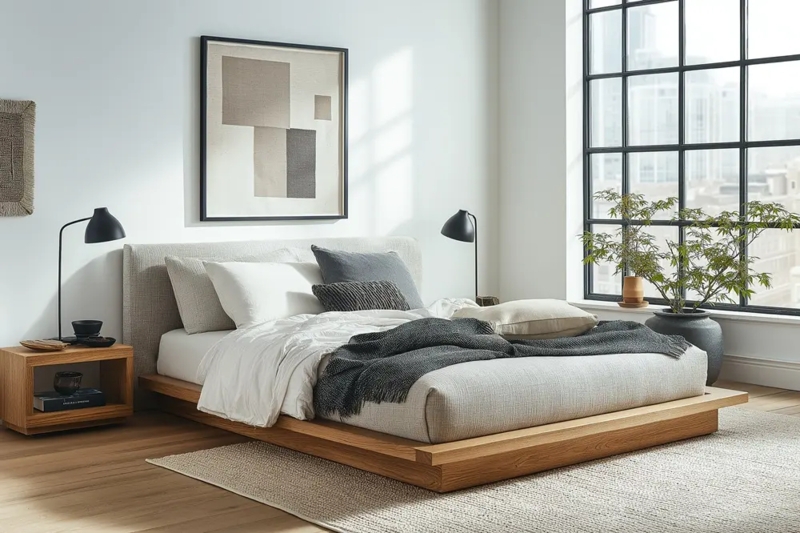 Extended Wood Platform Bed Upholstered Headboard Japandi Style