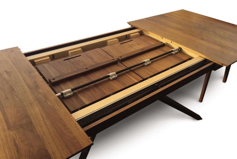 Extension Dining Table Walnut Self Storing Double Leaves Trestle Base