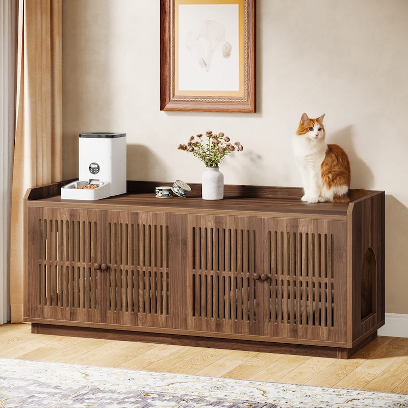 Extra Large Litter Box Enclosure Slatted Door Panels Walnut Brown