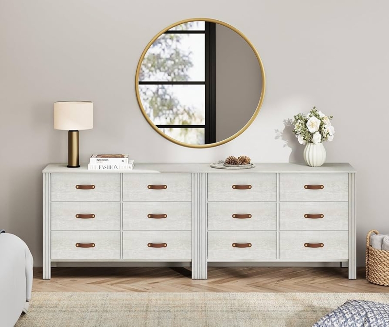 Extra Wide Twelve Drawer Dresser Fluted Details Strap Handles