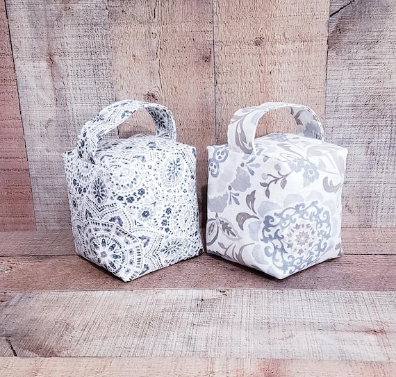 Fabric Cube Doorstop Gray Floral Pattern Integrated Handle Weighted