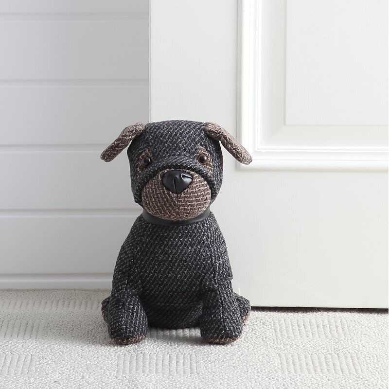 Fabric Door Stop in Charcoal Herringbone with Leather Nose