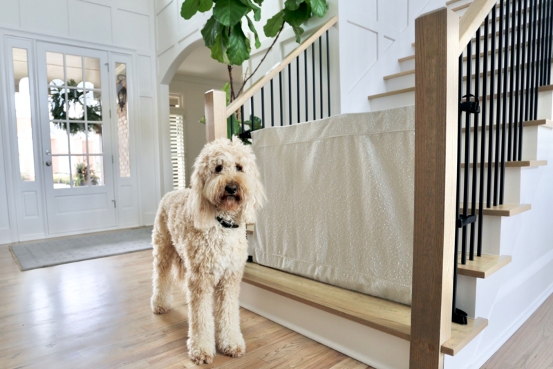 Fabric Pet Stair Gate Beige Woven Strap Mounting Farmhouse Barrier (75/75)